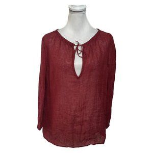 EILEEN FISHER Top Linen Gauze Semi Sheer Tie V Neck 3/4 Sleeve Red Womens Size M